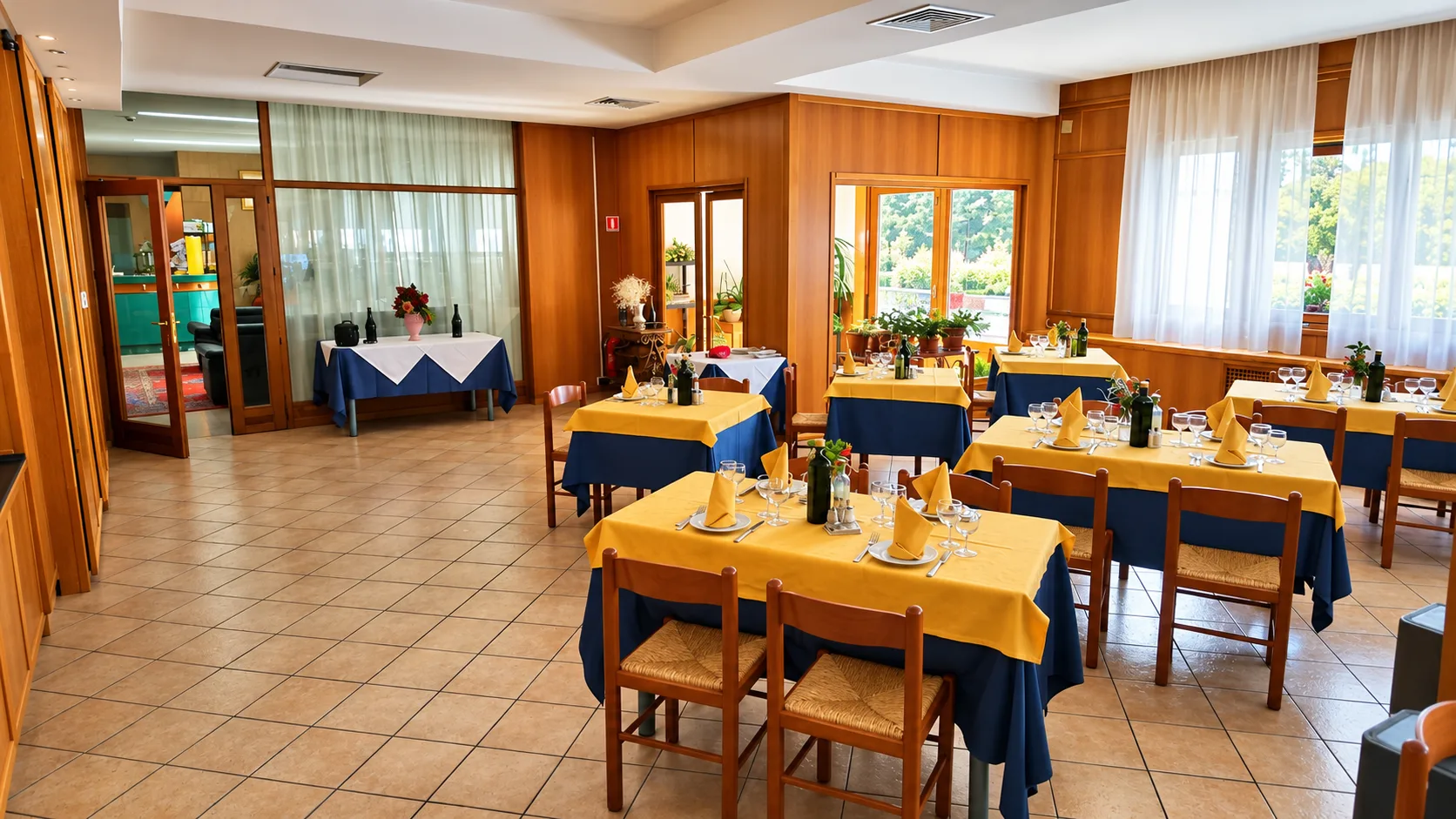 Sala ristorante con pareti in legno, tavoli apparecchiati e vista sul giardino